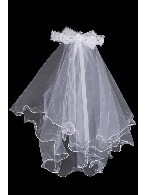 Kids Dream Girls White Gem Pearl Floral Comb 21" Communion Flower Girl Veil - SophiasStyle.com
